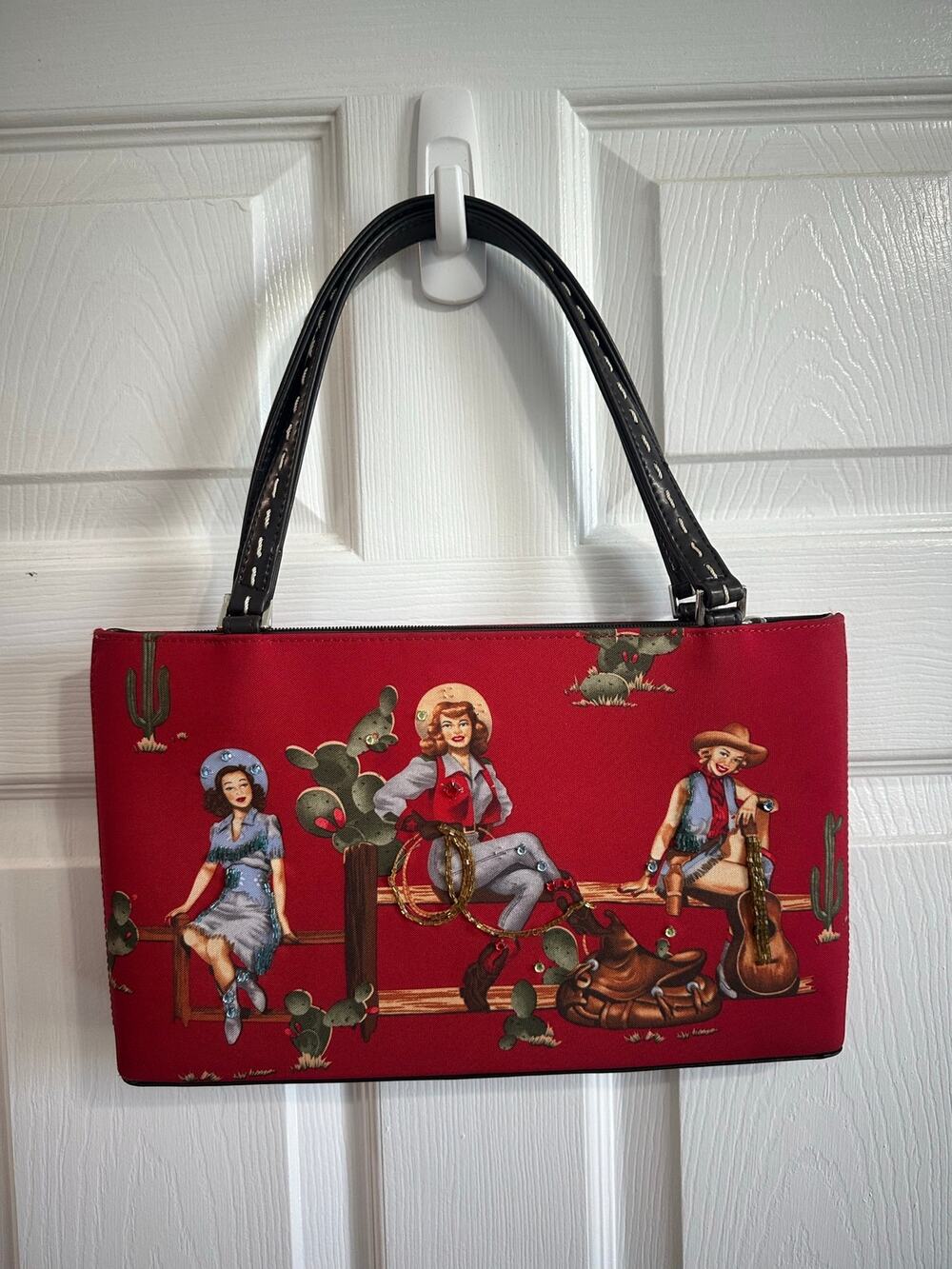 Vintage Western Graphic Shoulder Bag Purse Red Bling Cowgirl Scenes Light Use
